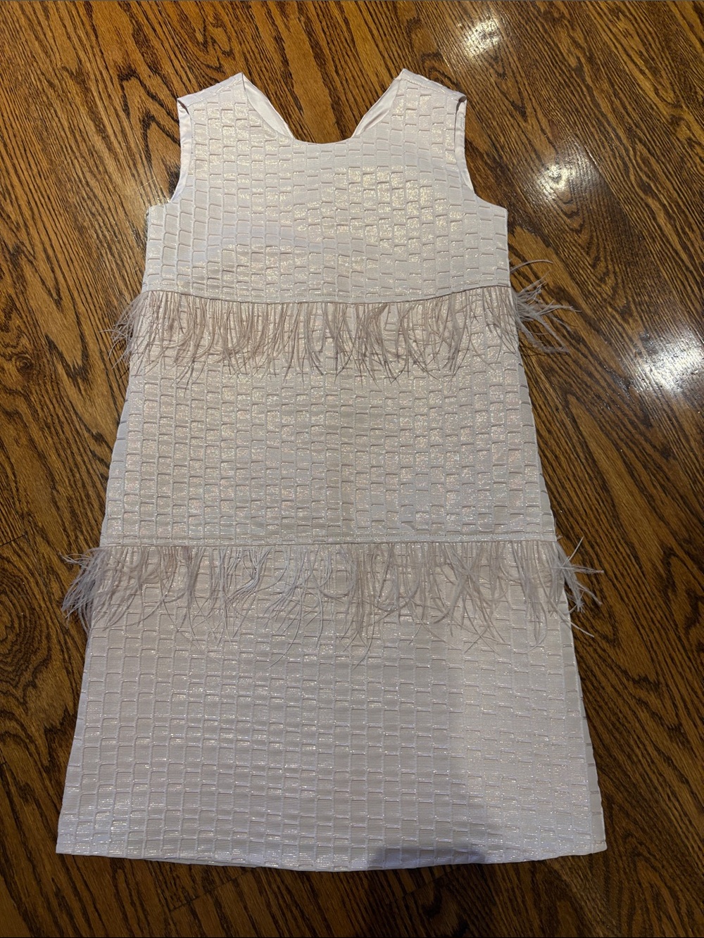 Sleeveless Textured Feather-Trim Shift Dress — Light Blush